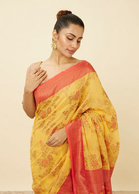 Tangerine Yellow Saree with Floral Pattern image number 1